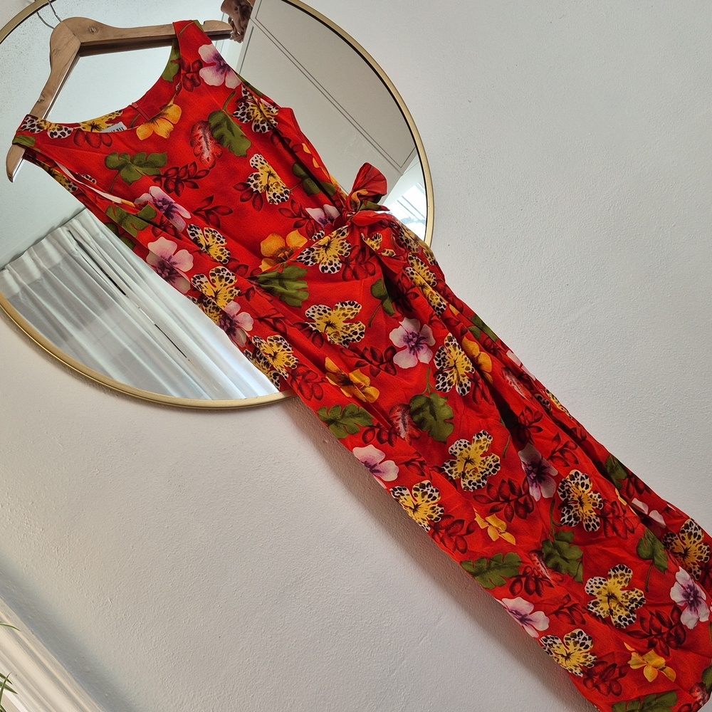 Tiki Silk Floral Red Maxi Dress